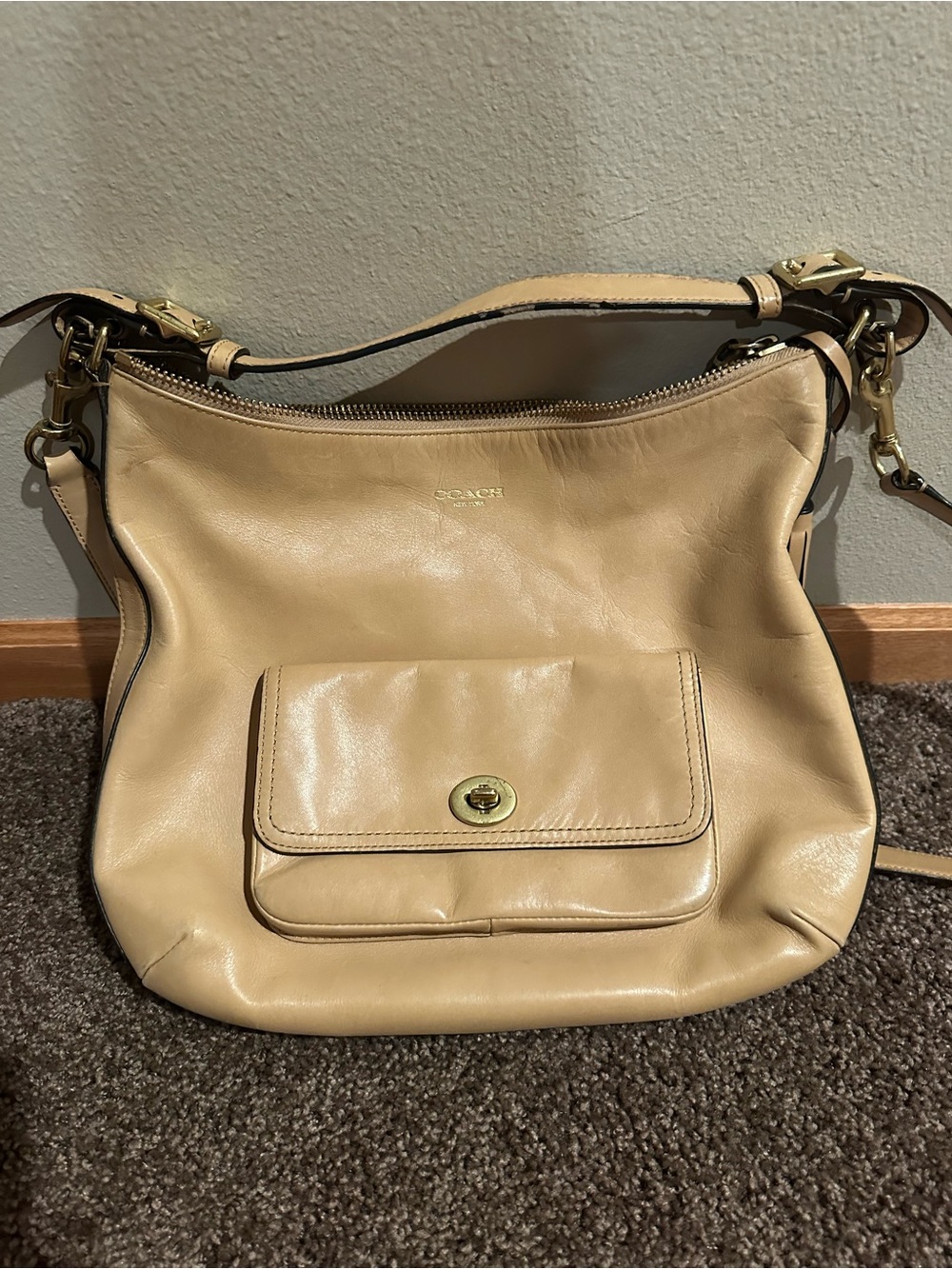 Coach Beige Pebble Leather Shoulder Bag with Front Turn-Lock Pocket